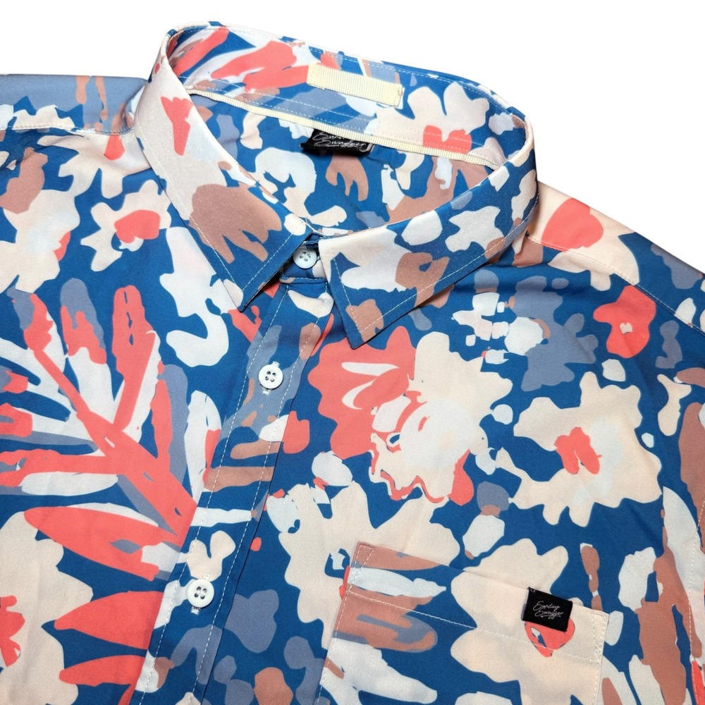 Sunday Swagger Mens XL Blue Floral Short Sleeve Golf Performance Button Up Shirt
